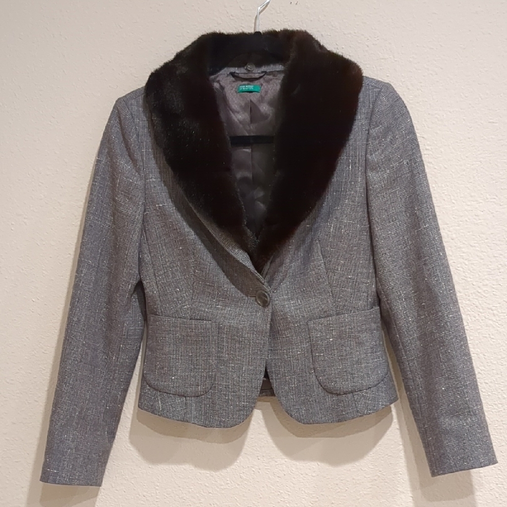 Y2K Benetton Green Label Wool Tweed Jacket Blazer Removable Faux Fur Collar…